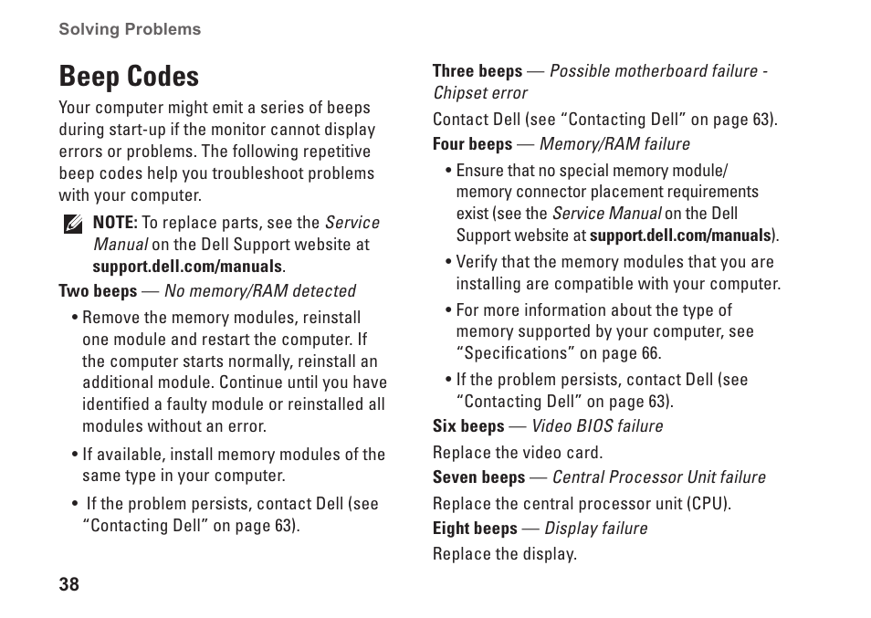 Beep codes | Dell Inspiron 1750 (Mid 2009) User Manual | Page 40 / 84