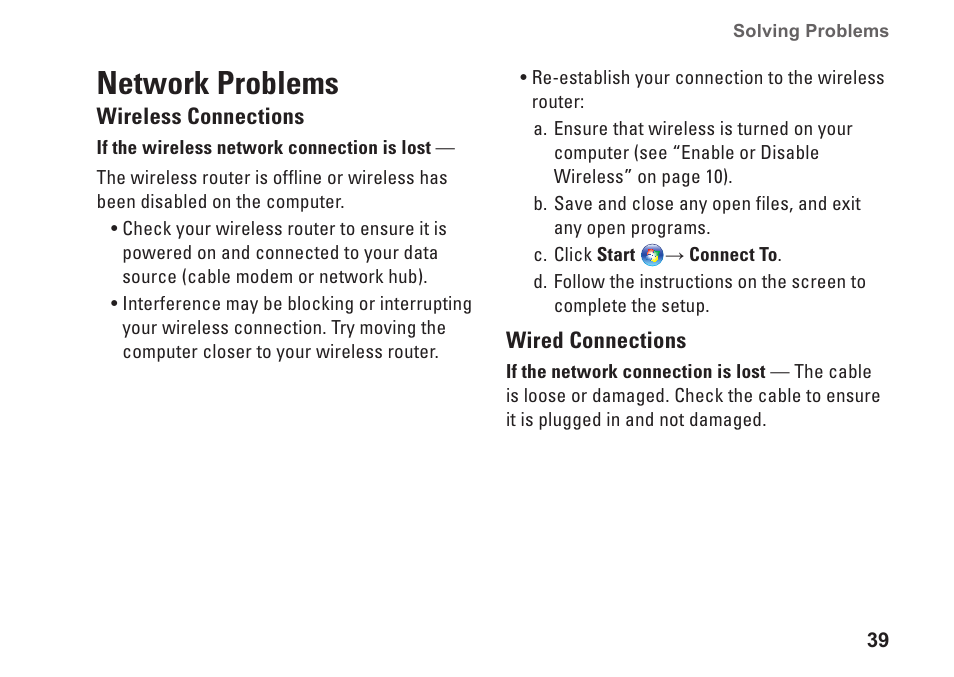 Network problems | Dell Inspiron 1750 (Mid 2009) User Manual | Page 41 / 84