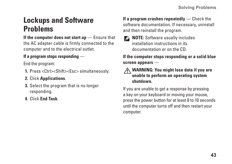 Lockups and software problems | Dell Inspiron 1750 (Mid 2009) User Manual | Page 45 / 84