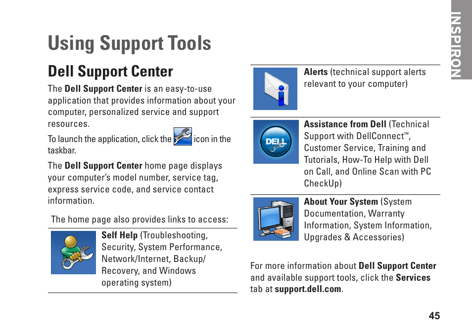 Using support tools, Dell support center, Inspiron | Dell Inspiron 1750 (Mid 2009) User Manual | Page 47 / 84