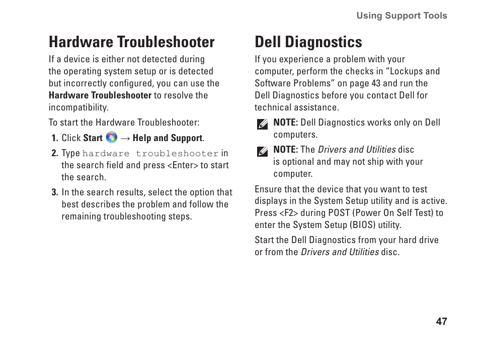 Hardware troubleshooter, Dell diagnostics, Hardware troubleshooter dell diagnostics | Dell Inspiron 1750 (Mid 2009) User Manual | Page 49 / 84