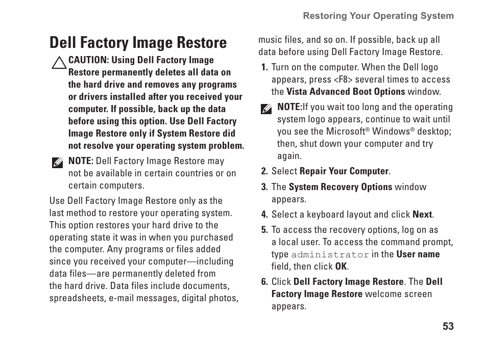 Dell factory image restore | Dell Inspiron 1750 (Mid 2009) User Manual | Page 55 / 84