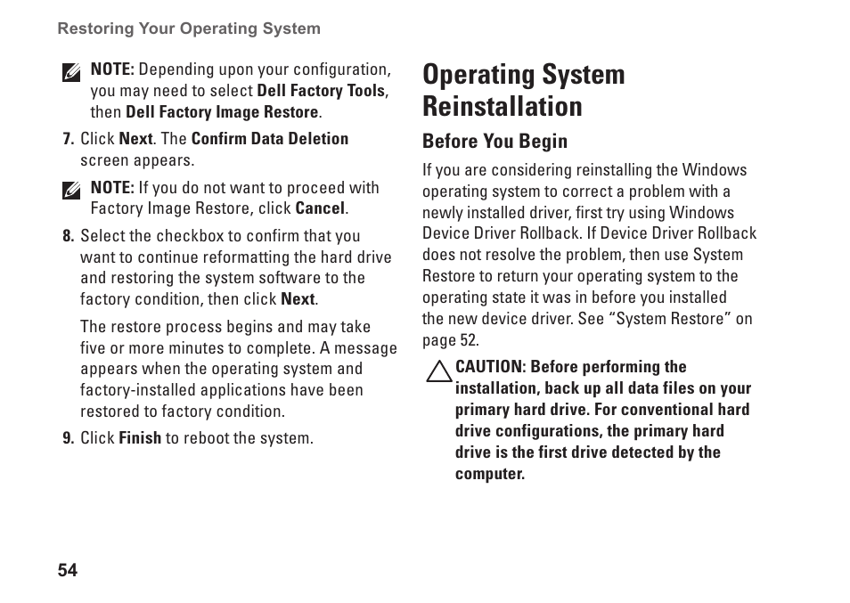 Operating system reinstallation | Dell Inspiron 1750 (Mid 2009) User Manual | Page 56 / 84