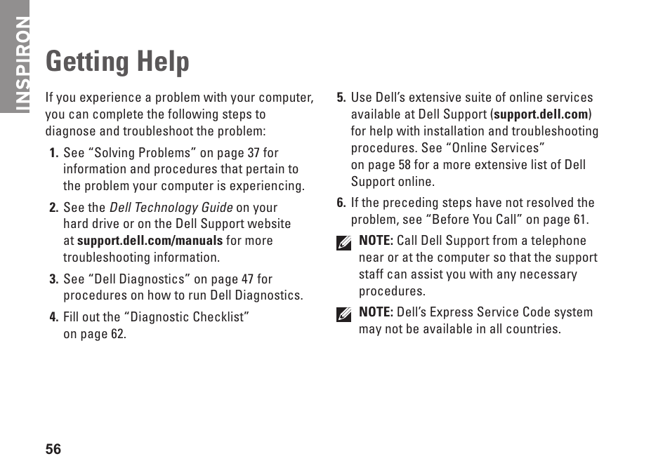 Getting help, Inspiron | Dell Inspiron 1750 (Mid 2009) User Manual | Page 58 / 84