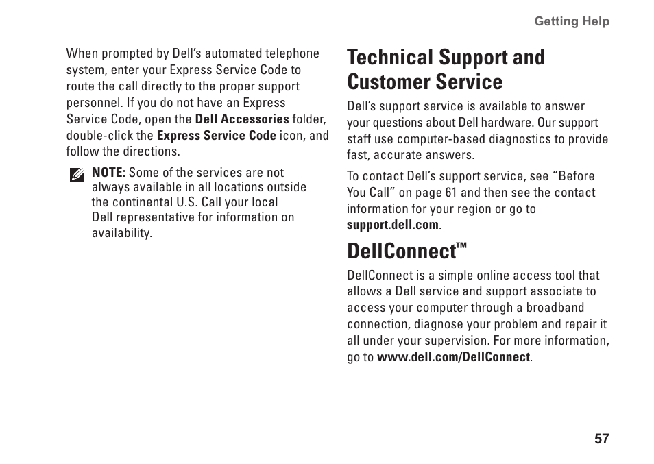 Technical support and customer service, Dellconnect, Technical support and customer | Service dellconnect | Dell Inspiron 1750 (Mid 2009) User Manual | Page 59 / 84