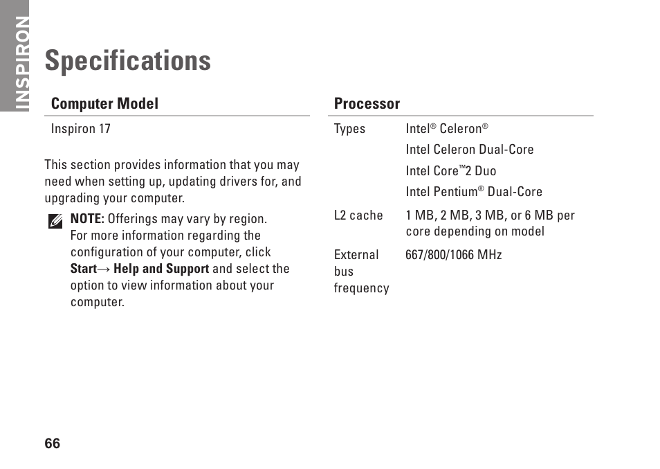 Specifications, Inspiron | Dell Inspiron 1750 (Mid 2009) User Manual | Page 68 / 84