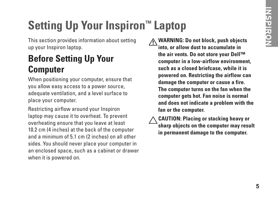 Setting up your inspiron™ laptop, Before setting up your computer, Setting up your inspiron | Laptop, Inspiron | Dell Inspiron 1750 (Mid 2009) User Manual | Page 7 / 84