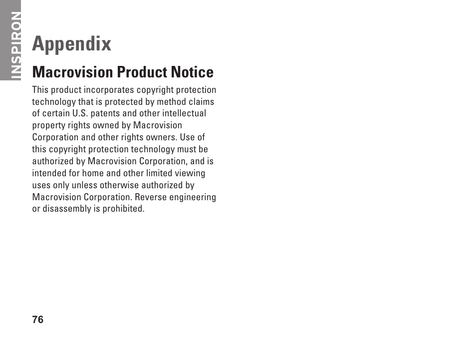 Appendix, Macrovision product notice, Inspiron | Dell Inspiron 1750 (Mid 2009) User Manual | Page 78 / 84