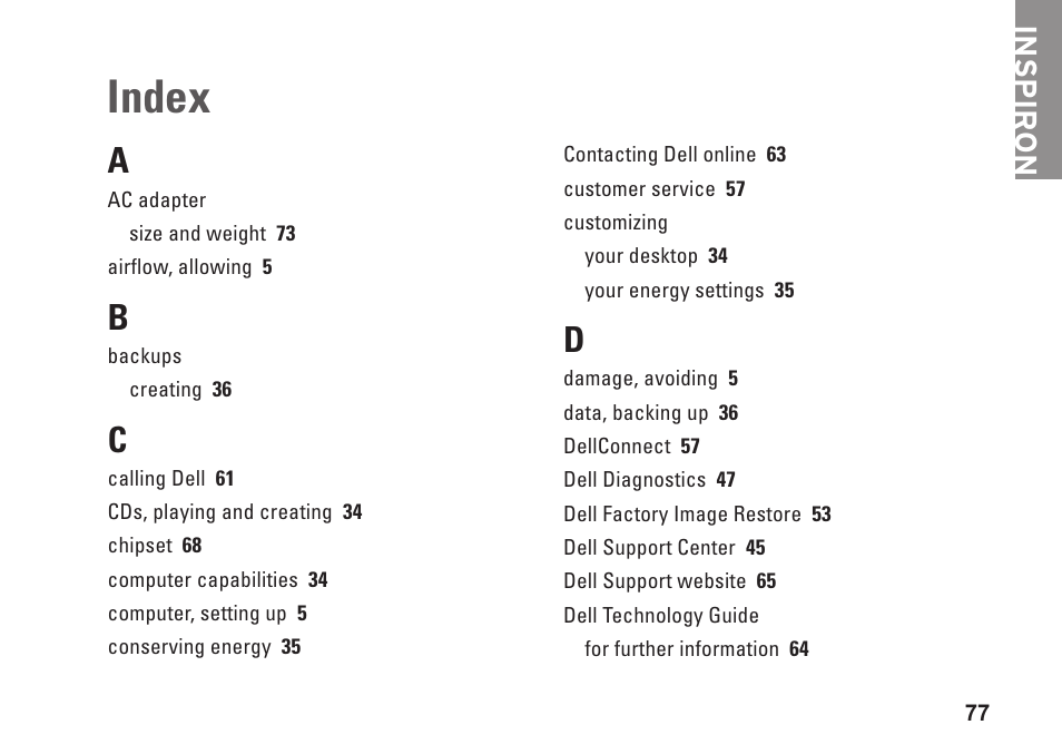 Index | Dell Inspiron 1750 (Mid 2009) User Manual | Page 79 / 84