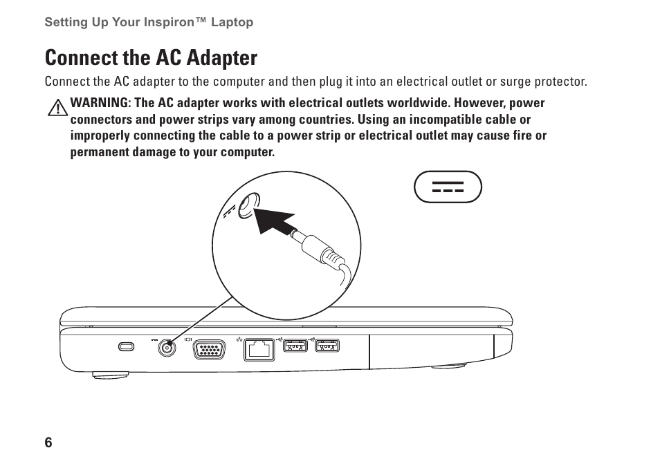 Connect the ac adapter | Dell Inspiron 1750 (Mid 2009) User Manual | Page 8 / 84