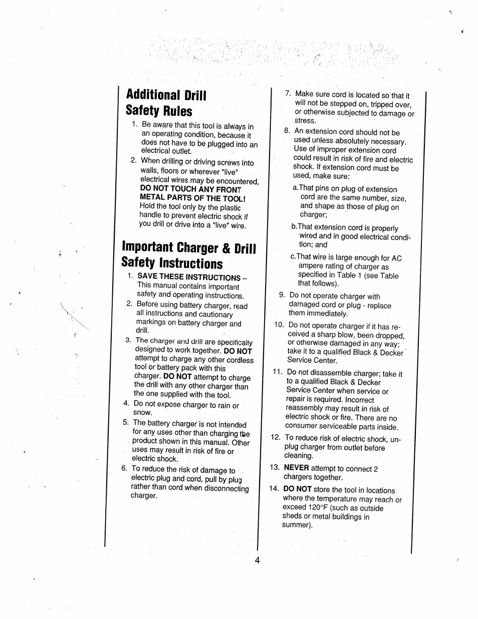 Additional drill safety rules, Important charger & drill safety instructions | Black & Decker 9013 User Manual | Page 4 / 12
