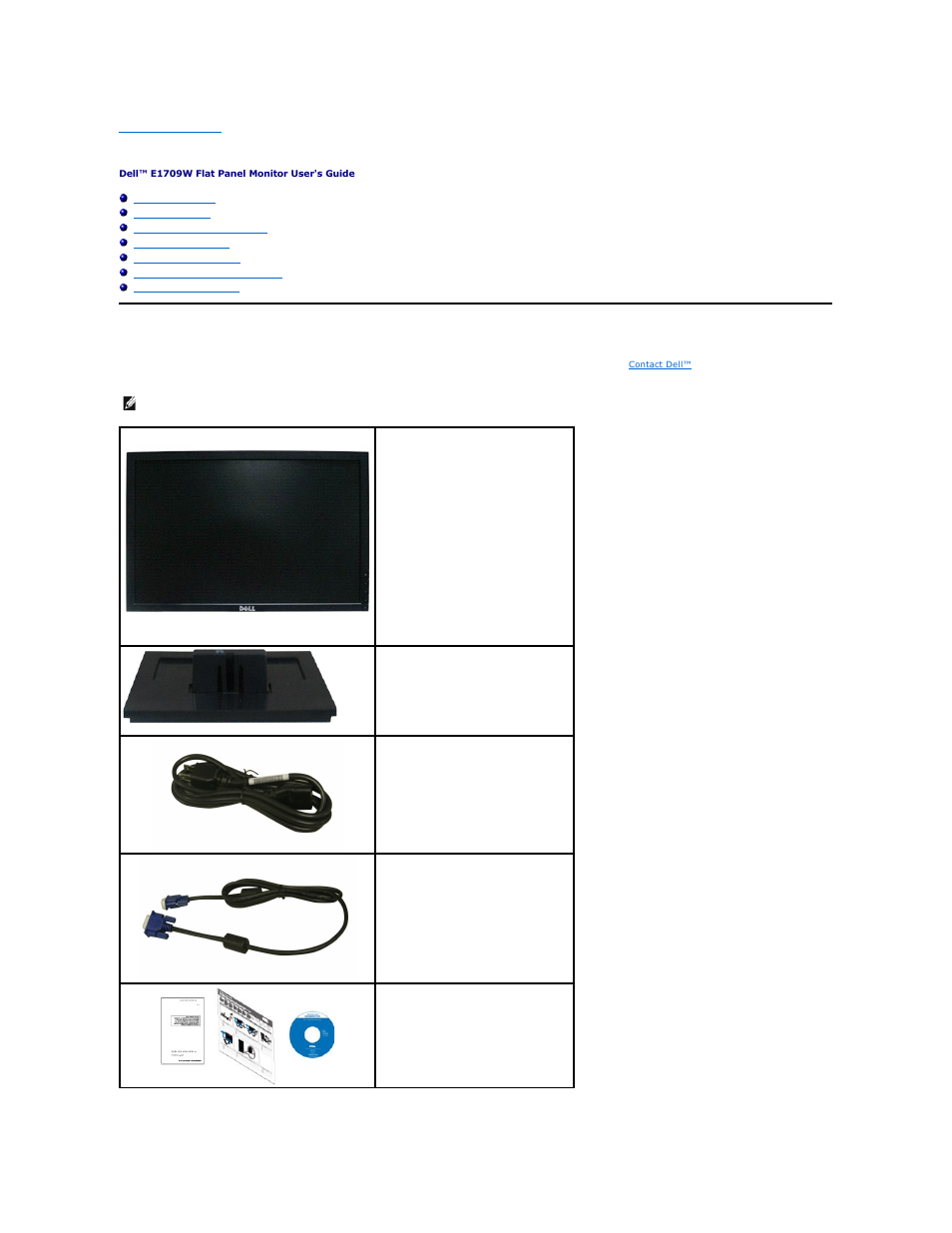 About your monitor, Package contents | Dell E1709WFP Monitor User Manual | Page 2 / 27