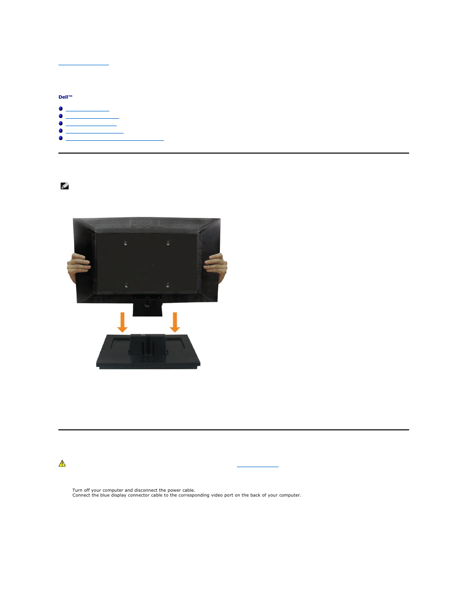 Setting up the monitor, Attaching the stand, Connecting your monitor | Connecting the blue vga cable | Dell E1709WFP Monitor User Manual | Page 22 / 27