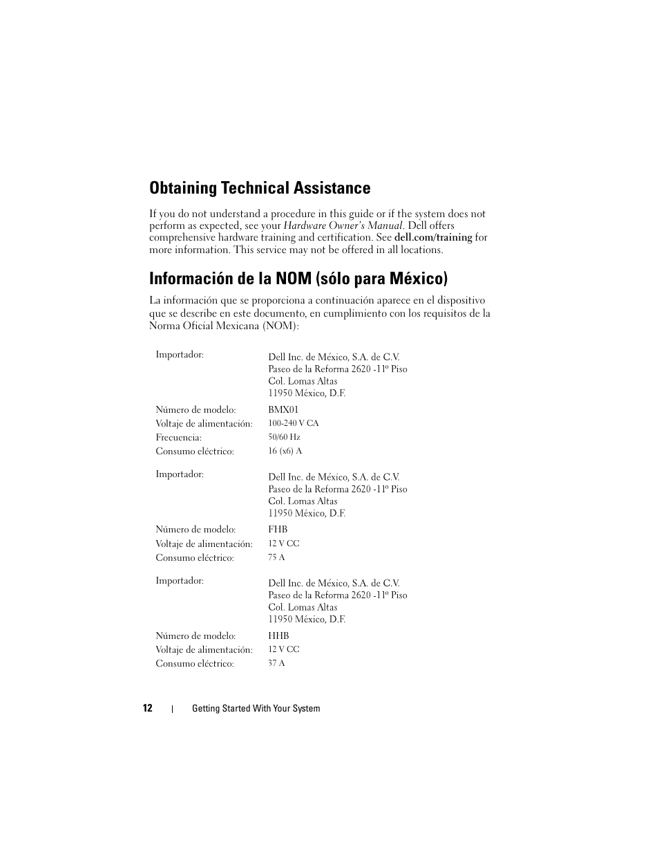 Obtaining technical assistance, Información de la nom (sólo para méxico) | Dell PowerEdge M710 User Manual | Page 14 / 114