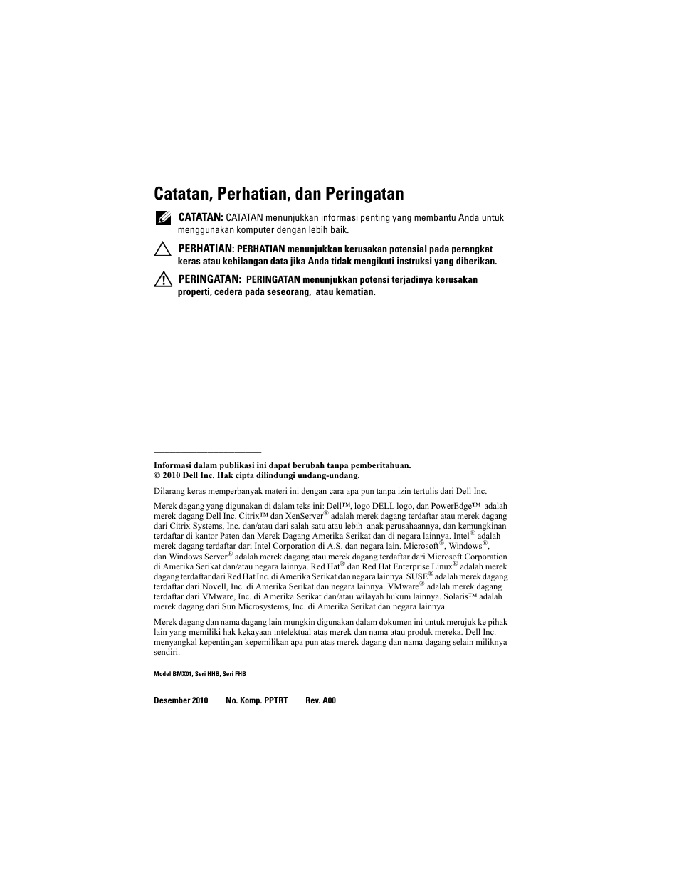 Catatan, perhatian, dan peringatan | Dell PowerEdge M710 User Manual | Page 48 / 114