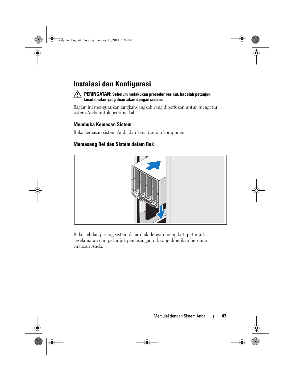 Instalasi dan konfigurasi, Membuka kemasan sistem, Memasang rel dan sistem dalam rak | Dell PowerEdge M710 User Manual | Page 49 / 114