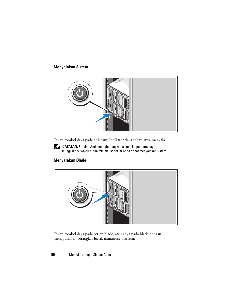 Menyalakan sistem, Menyalakan blade | Dell PowerEdge M710 User Manual | Page 52 / 114