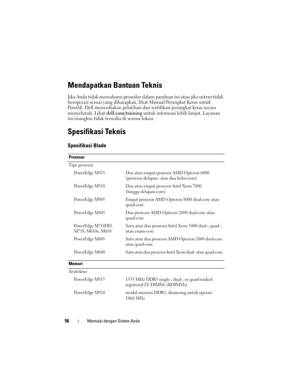 Mendapatkan bantuan teknis, Spesifikasi teknis | Dell PowerEdge M710 User Manual | Page 58 / 114