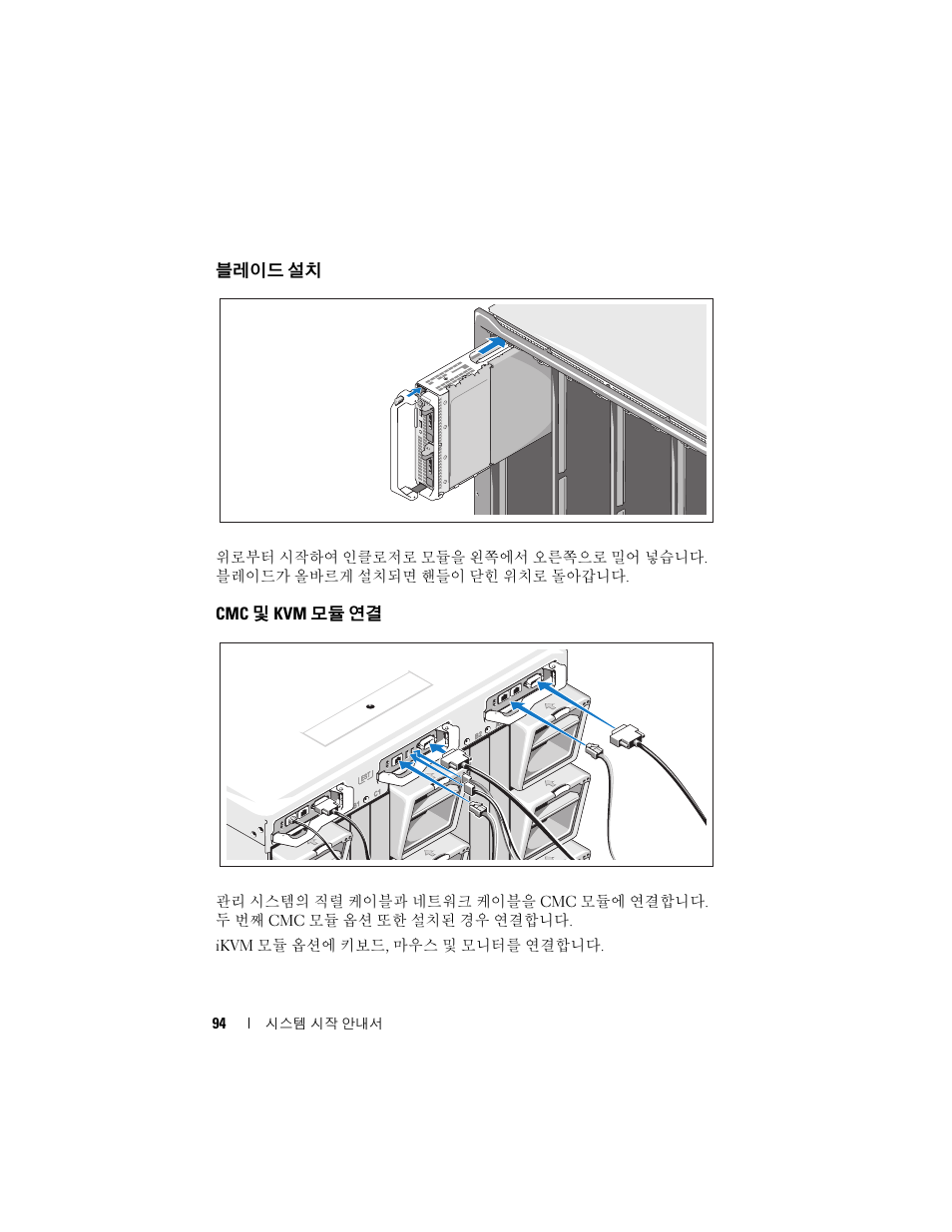 블레이드 설치, Cmc 및 kvm 모듈 연결 | Dell PowerEdge M710 User Manual | Page 96 / 114
