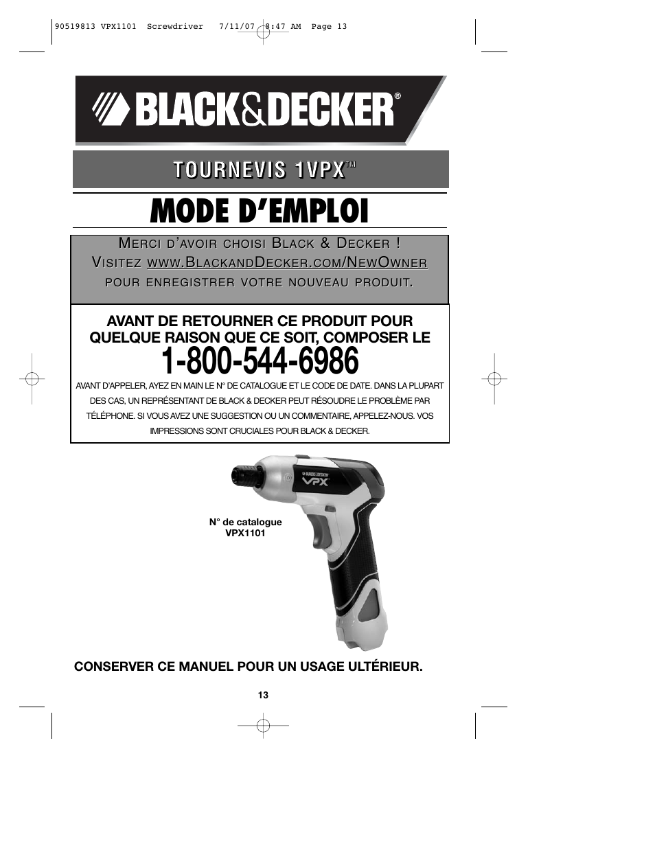 Mode d’emploi | Black & Decker VPX1101 User Manual | Page 13 / 40