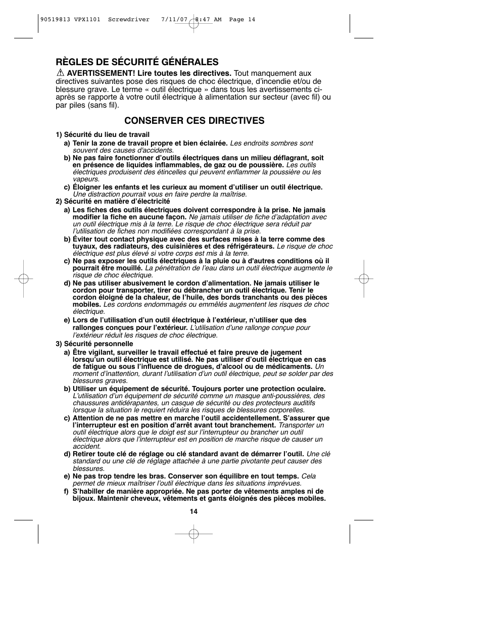 Règles de sécurité générales, Conserver ces directives | Black & Decker VPX1101 User Manual | Page 14 / 40