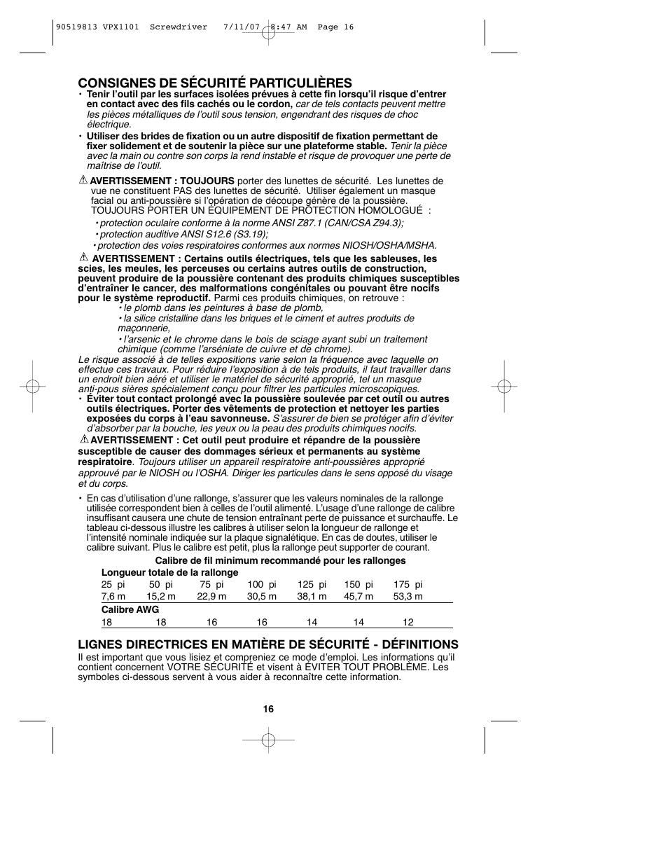 Consignes de sécurité particulières | Black & Decker VPX1101 User Manual | Page 16 / 40