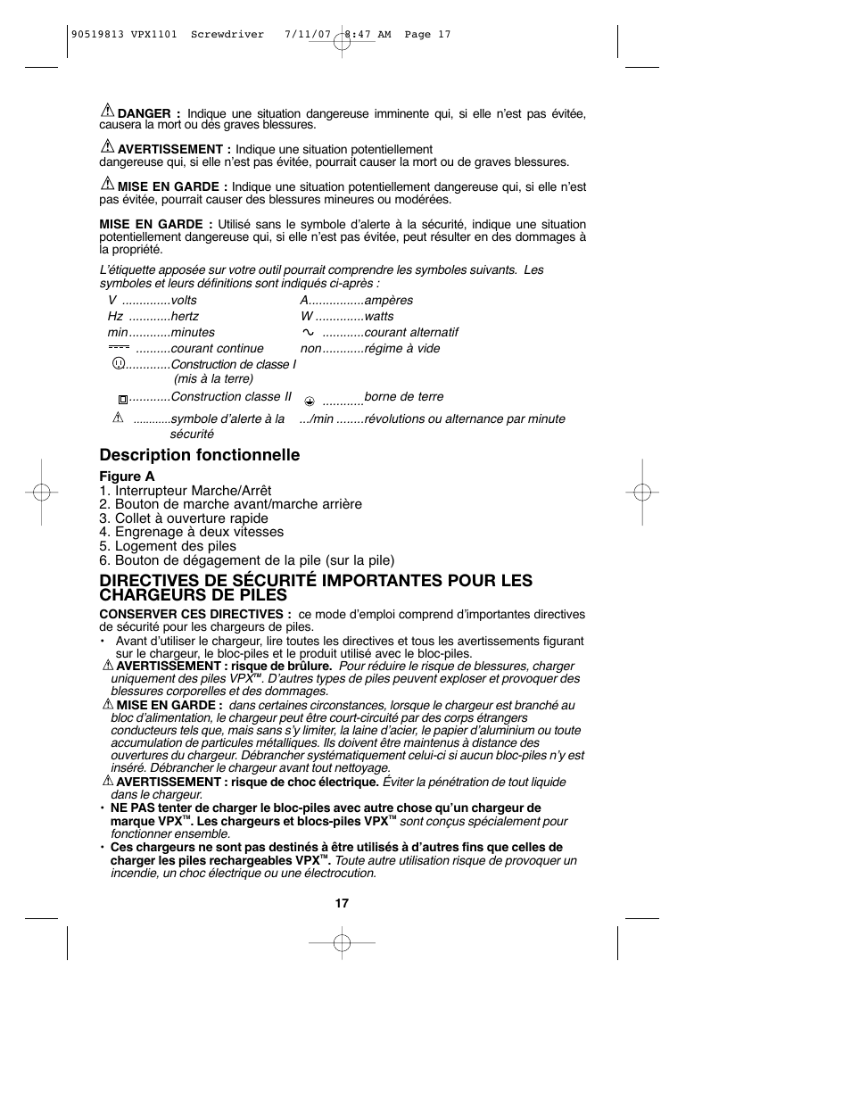 Description fonctionnelle | Black & Decker VPX1101 User Manual | Page 17 / 40