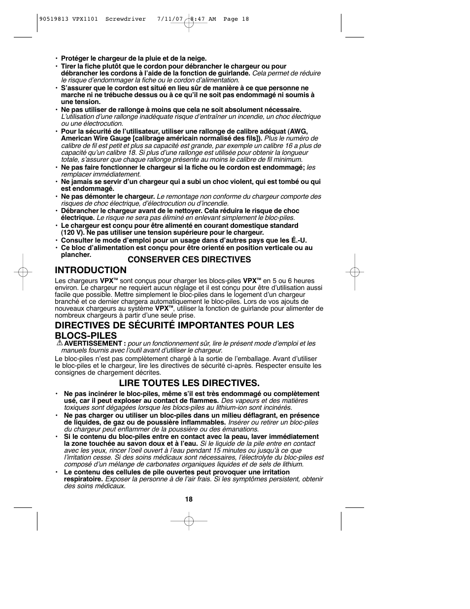 Introduction, Lire toutes les directives | Black & Decker VPX1101 User Manual | Page 18 / 40