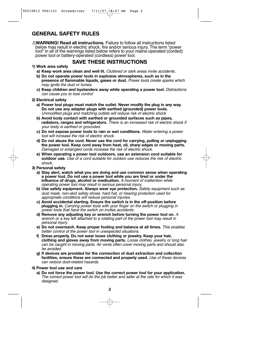 General safety rules, Save these instructions | Black & Decker VPX1101 User Manual | Page 2 / 40