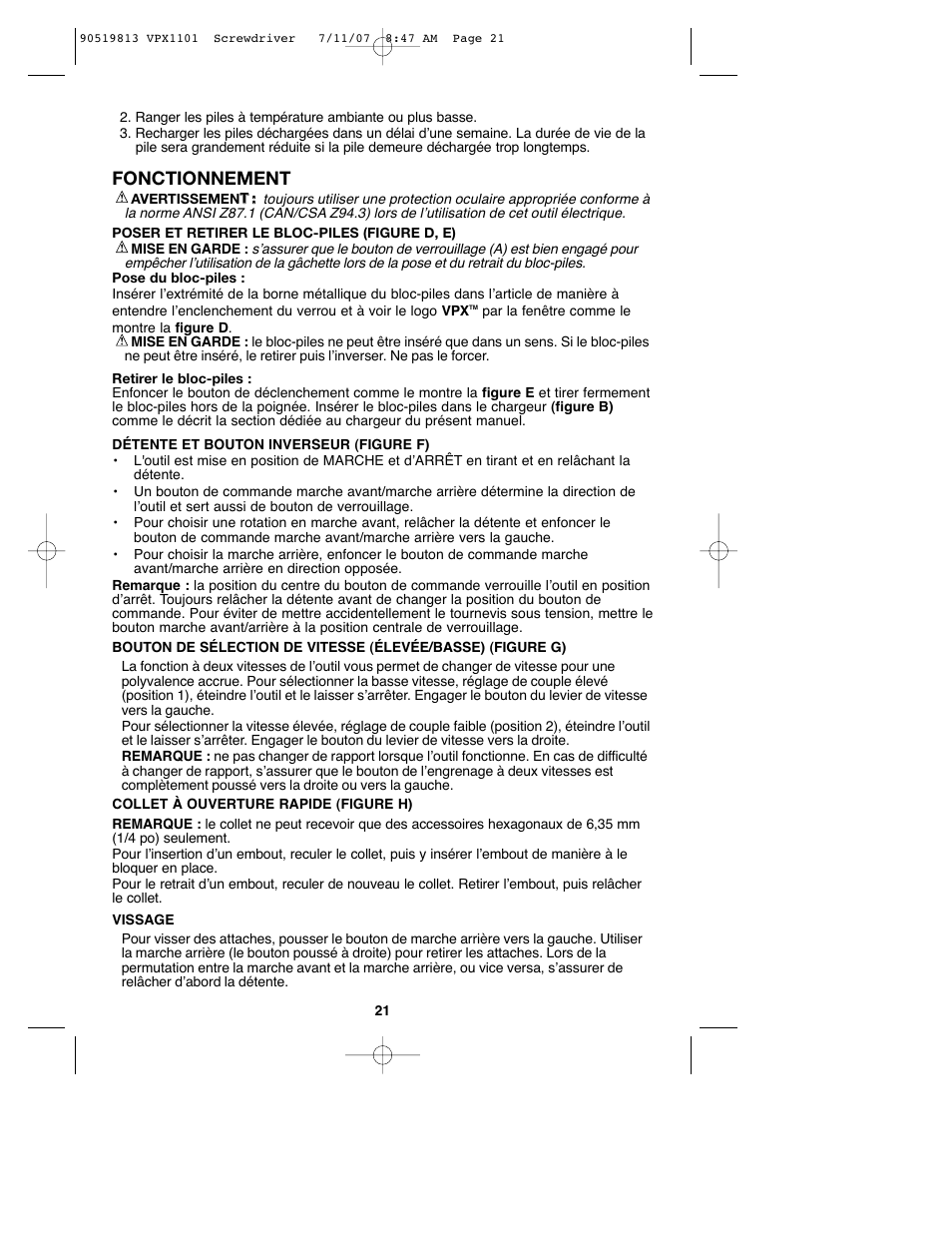 Fonctionnement | Black & Decker VPX1101 User Manual | Page 21 / 40