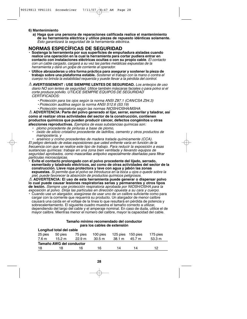 Normas específicas de seguridad | Black & Decker VPX1101 User Manual | Page 28 / 40