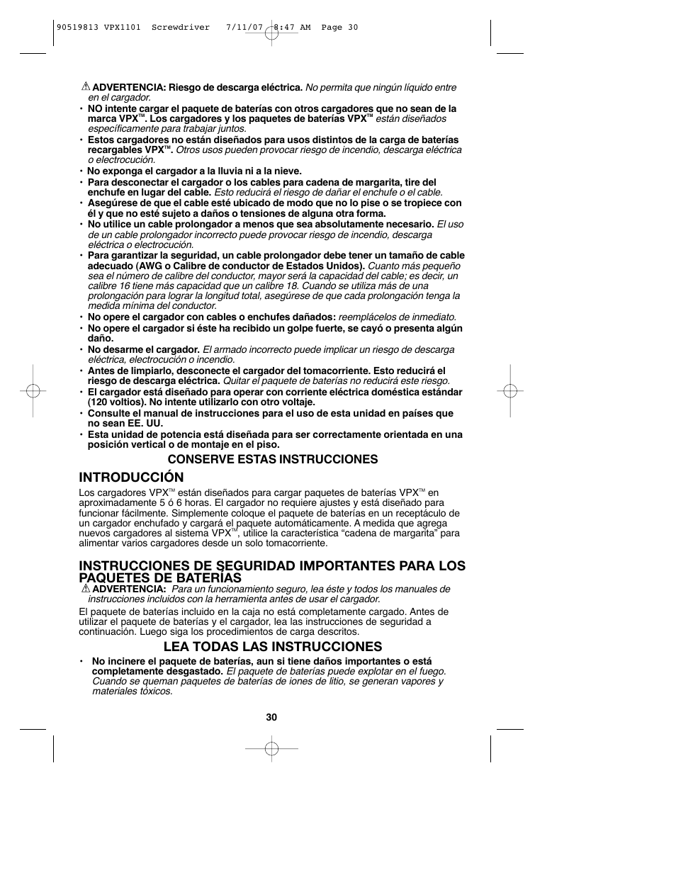 Introducción, Lea todas las instrucciones, Conserve estas instrucciones | Black & Decker VPX1101 User Manual | Page 30 / 40