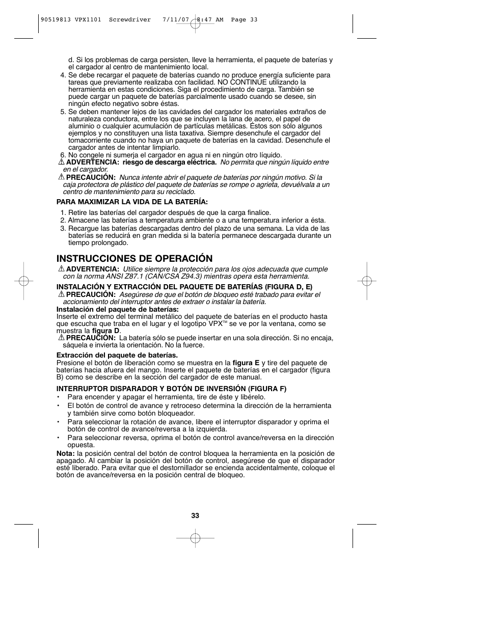 Instrucciones de operación | Black & Decker VPX1101 User Manual | Page 33 / 40