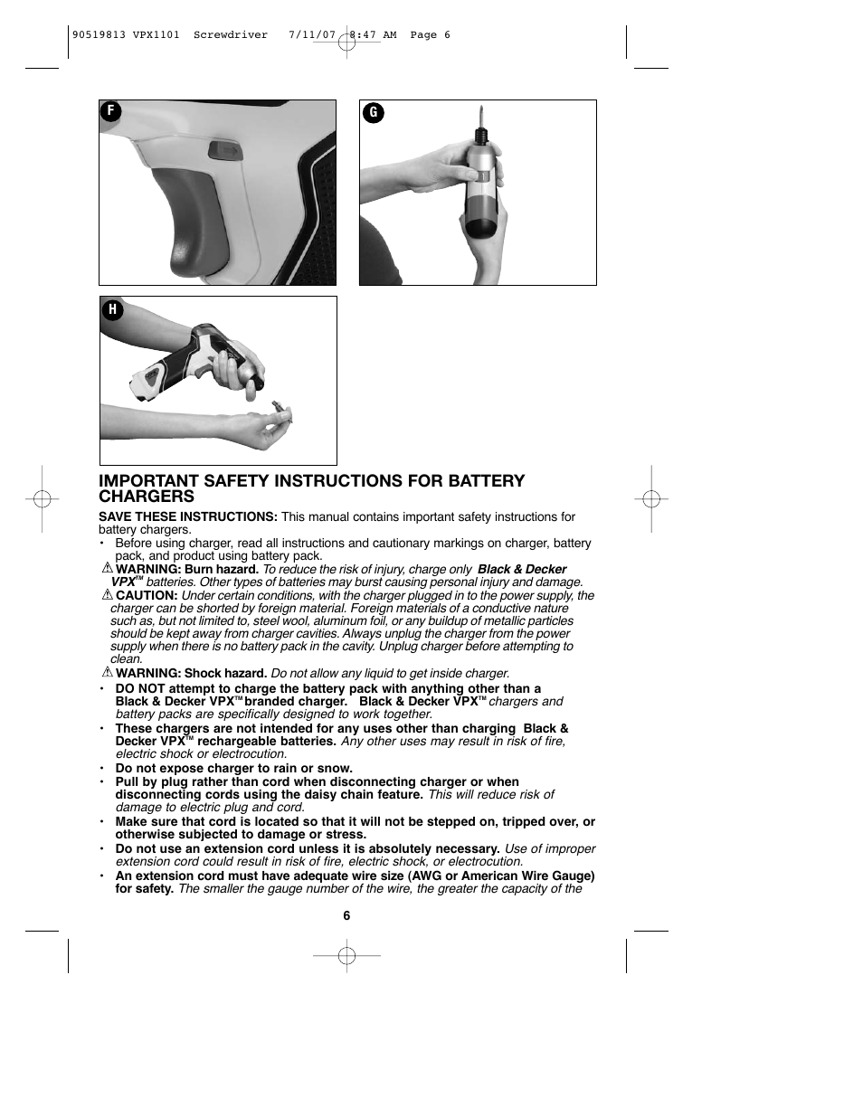 Important safety instructions for battery chargers | Black & Decker VPX1101 User Manual | Page 6 / 40