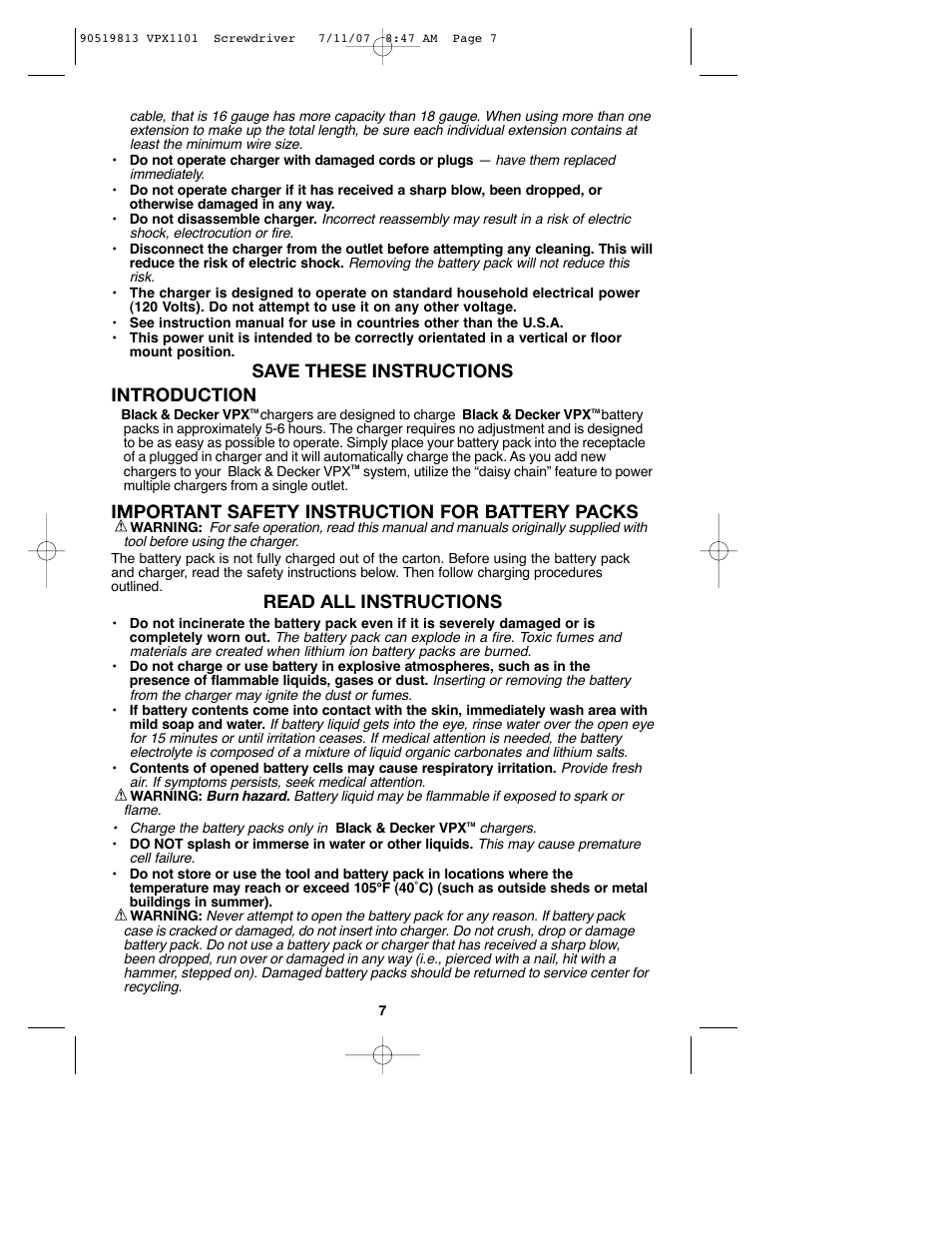 Save these instructions introduction, Important safety instruction for battery packs, Read all instructions | Black & Decker VPX1101 User Manual | Page 7 / 40