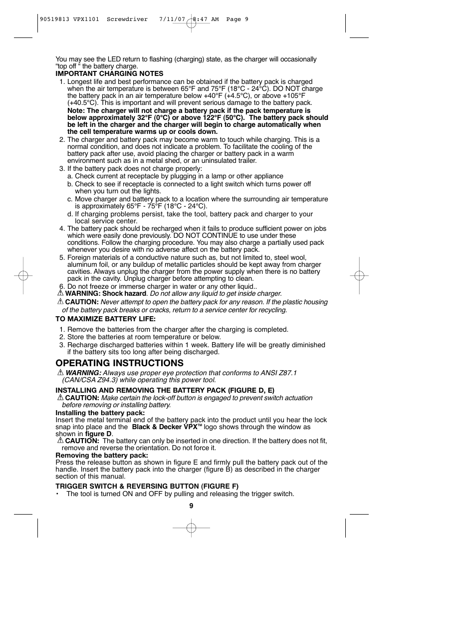 Operating instructions | Black & Decker VPX1101 User Manual | Page 9 / 40