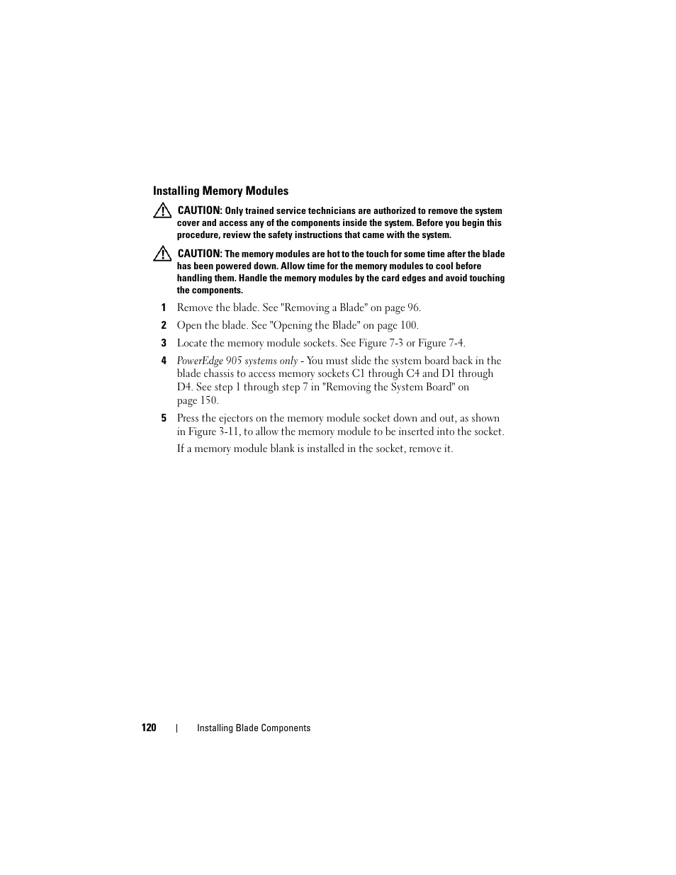 Installing memory modules | Dell PowerEdge M805 User Manual | Page 120 / 236