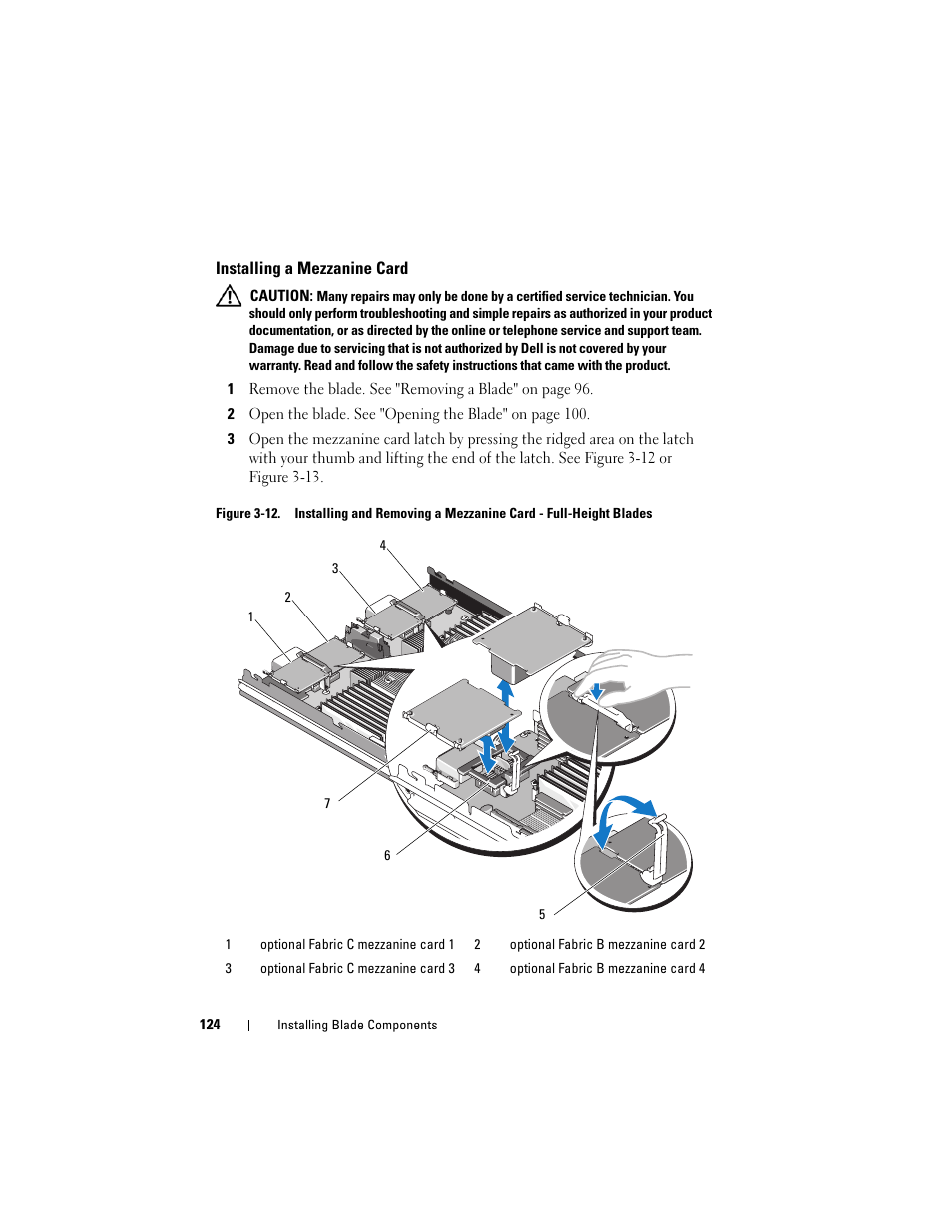 Installing a mezzanine card | Dell PowerEdge M805 User Manual | Page 124 / 236