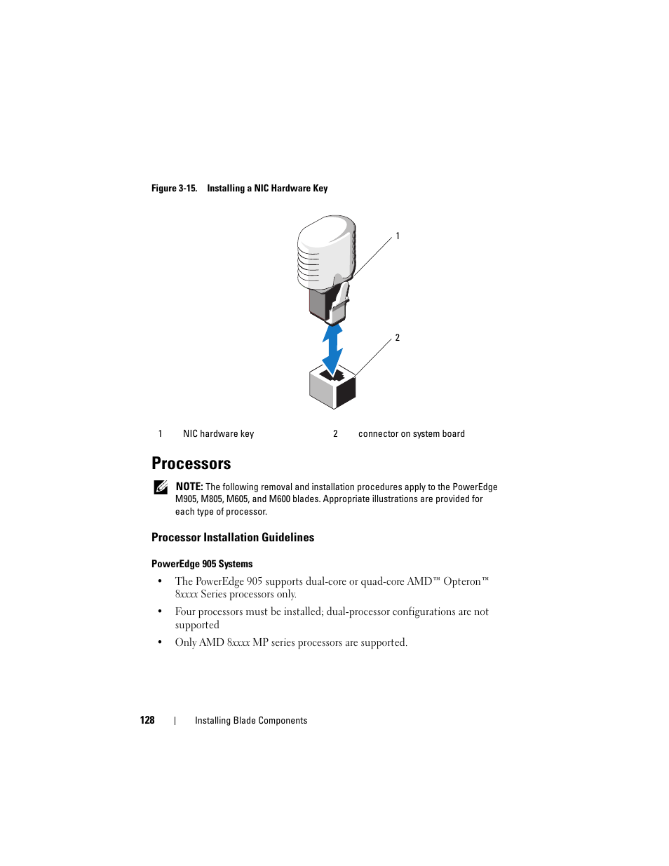 Processors, Processor installation guidelines | Dell PowerEdge M805 User Manual | Page 128 / 236