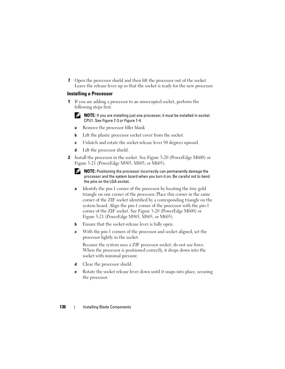 Installing a processor | Dell PowerEdge M805 User Manual | Page 136 / 236