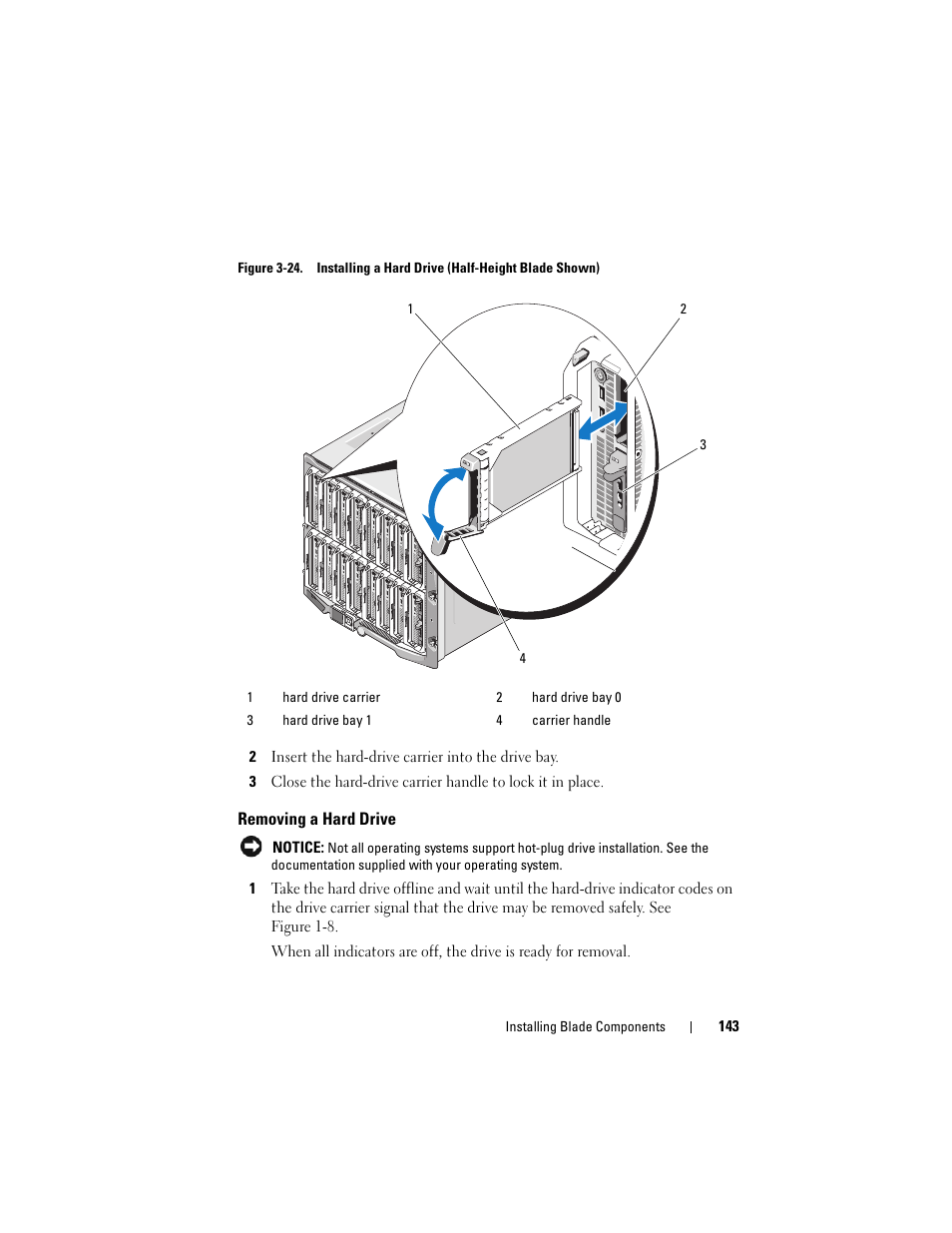 Removing a hard drive, Drive carrier handle. see figure 3-24 | Dell PowerEdge M805 User Manual | Page 143 / 236