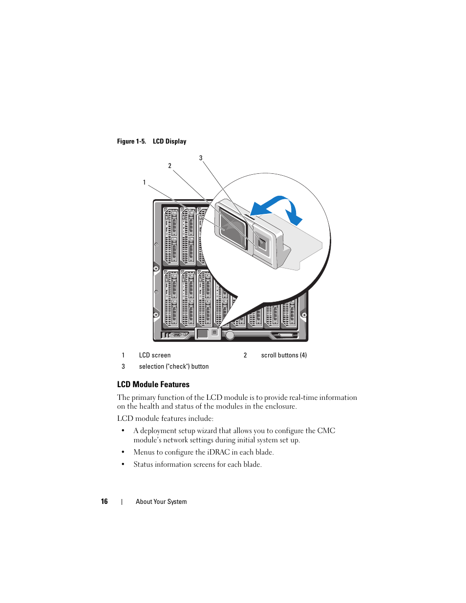 Lcd module features | Dell PowerEdge M805 User Manual | Page 16 / 236