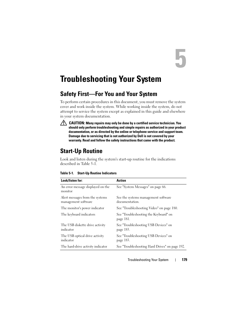 Troubleshooting your system, Safety first-for you and your system, Start-up routine | Safety first—for you and your system | Dell PowerEdge M805 User Manual | Page 179 / 236