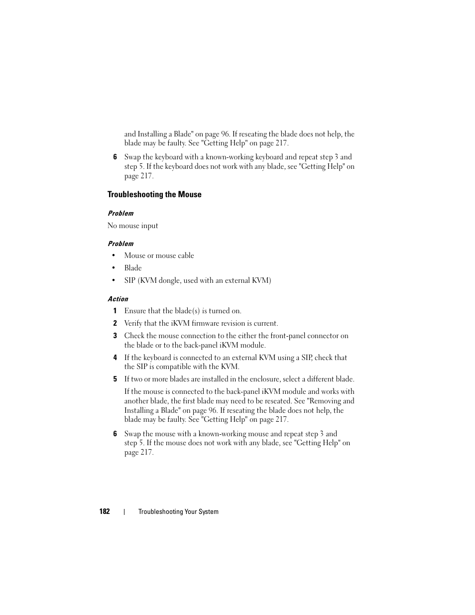 Troubleshooting the mouse | Dell PowerEdge M805 User Manual | Page 182 / 236