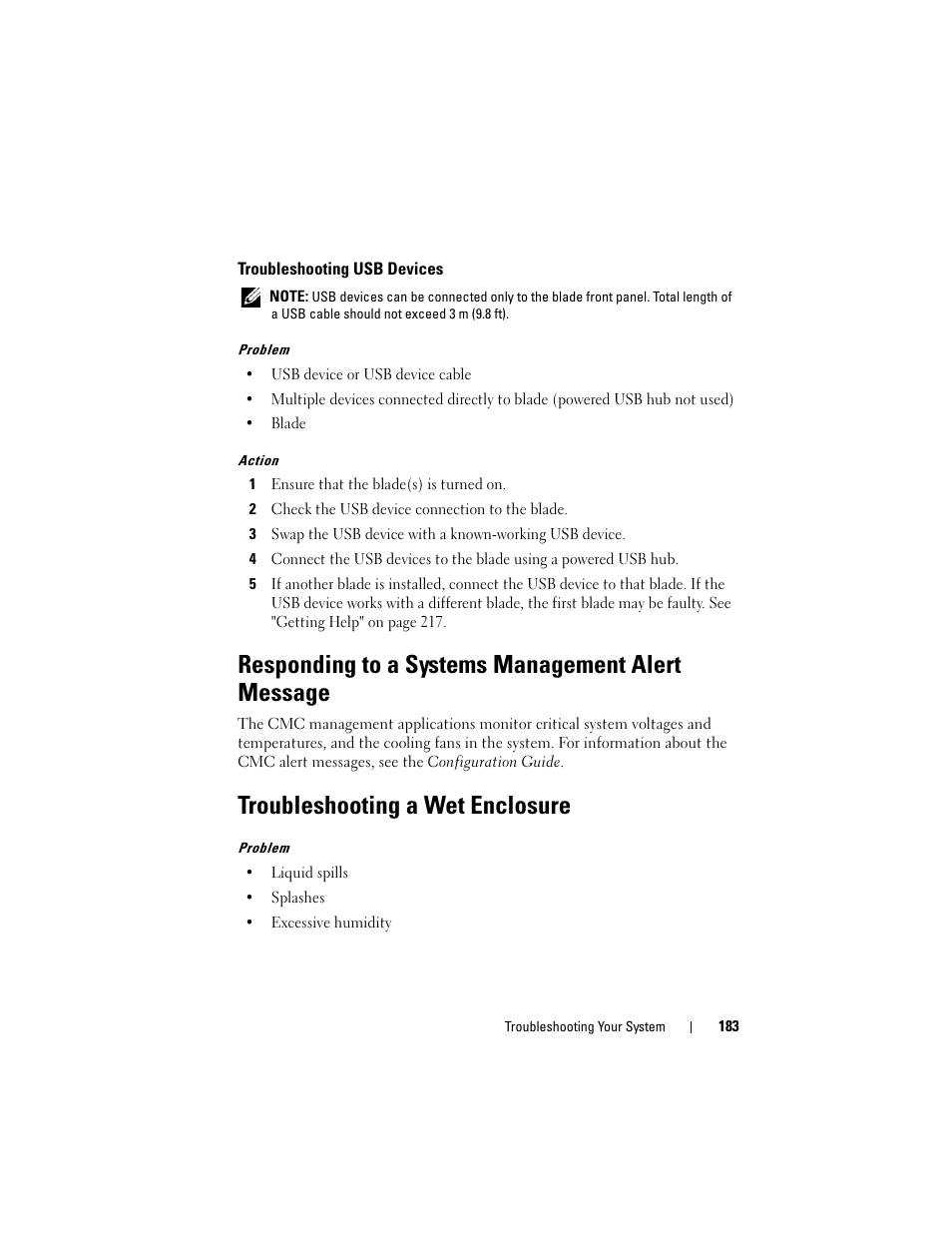 Troubleshooting usb devices, Responding to a systems management alert message, Troubleshooting a wet enclosure | Dell PowerEdge M805 User Manual | Page 183 / 236