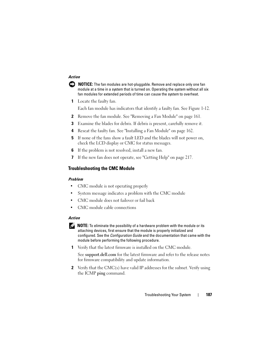 Troubleshooting the cmc module | Dell PowerEdge M805 User Manual | Page 187 / 236