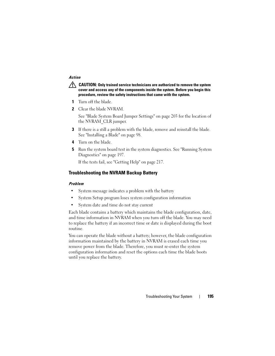 Troubleshooting the nvram backup battery | Dell PowerEdge M805 User Manual | Page 195 / 236