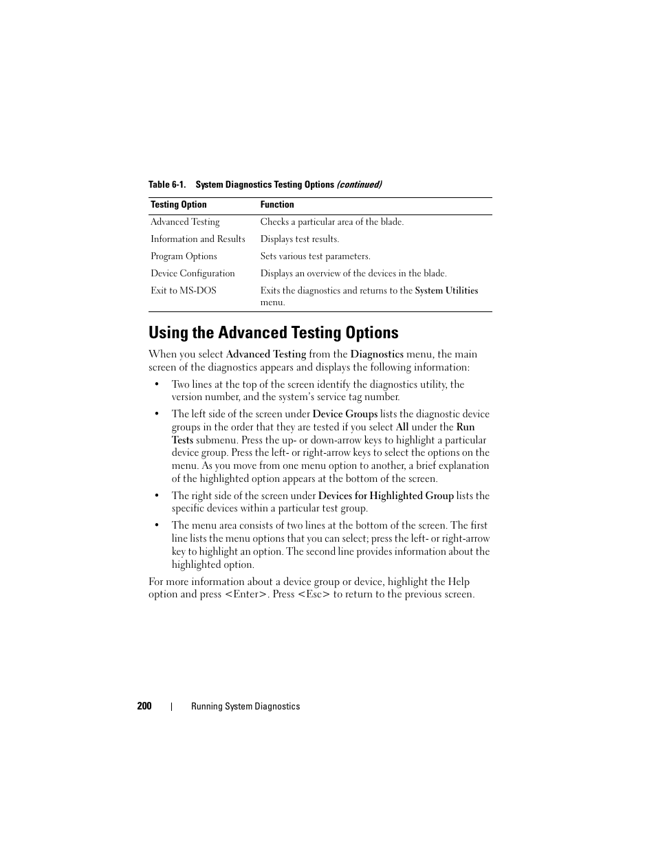 Using the advanced testing options | Dell PowerEdge M805 User Manual | Page 200 / 236