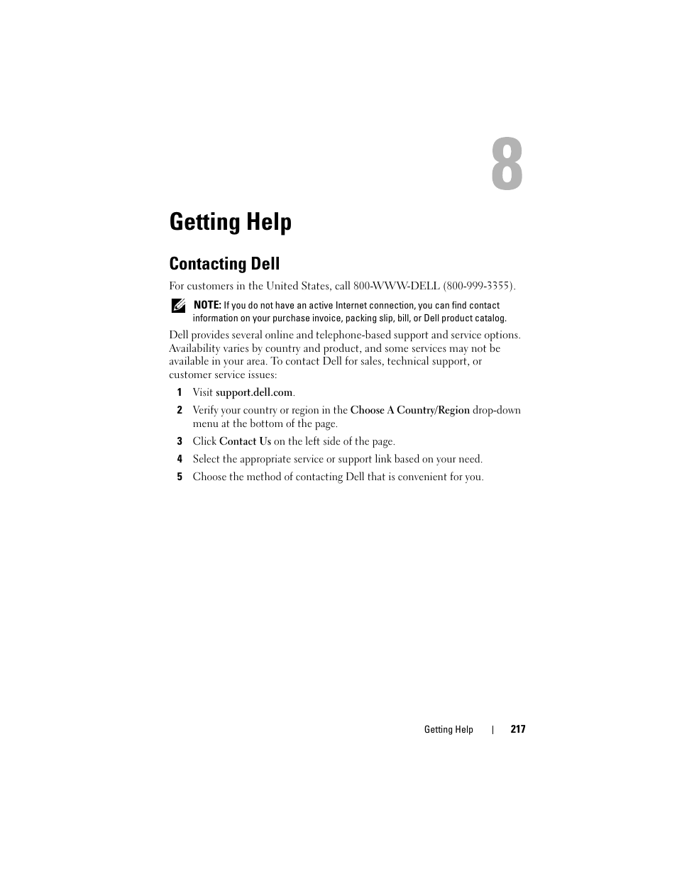 Getting help, Contacting dell | Dell PowerEdge M805 User Manual | Page 217 / 236