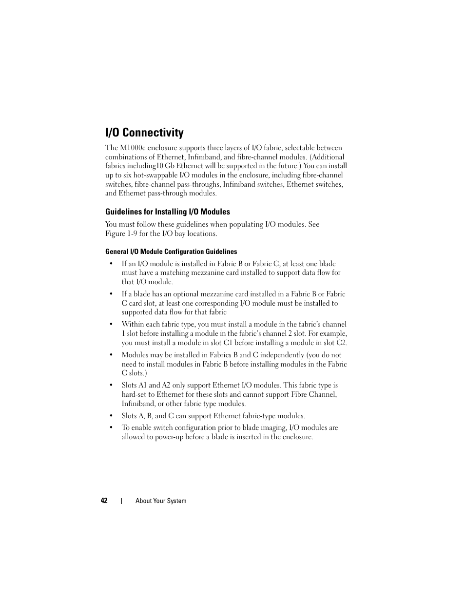 I/o connectivity, Guidelines for installing i/o modules | Dell PowerEdge M805 User Manual | Page 42 / 236